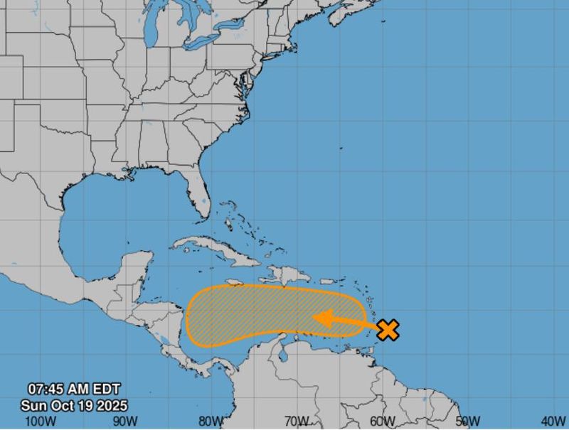 The 8 a.m. Sunday, Oct. 19, 2025, weather advisory from the National Hurricane Center in Miami, Florida, shows a tropical wave near the Windward Islands and the Caribbean Sea. Chance of formation in 7 days was medium. Atlantic hurricane season runs June 1 to Nov. 30 every year.