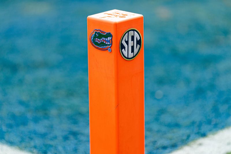 Oct 4, 2025; Gainesville, Florida, USA; A pylon sits in the endzone with a Florida Gators and SEC logo against the Texas Longhorns during the first half at Ben Hill Griffin Stadium. Mandatory Credit: Matt Pendleton-Imagn Images