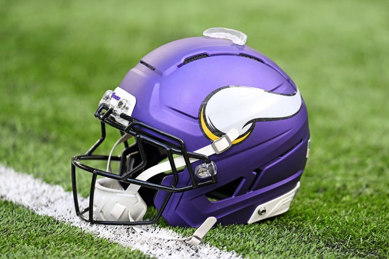 Oct 19, 2025; Minneapolis, Minnesota, USA; A general view of the Minnesota Vikings helmet before the game against the Philadelphia Eagles at U.S. Bank Stadium. Mandatory Credit: Jeffrey Becker-Imagn Images