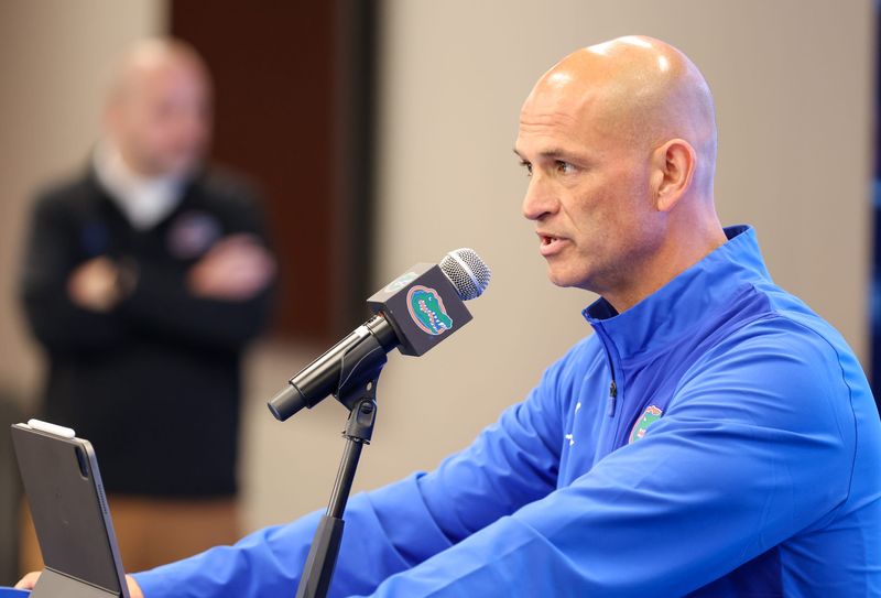 New Florida interim coach Billy Gonzales takes questions during a press conference about Billy Napier’s firing at Heavener Football Center in Gainesville, FL on Monday, October 20, 2025. Gonzales was the Wide Receivers coach for the team. [Alan Youngblood/Gainesville Sun]