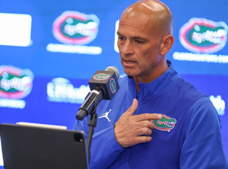 New Florida interim coach Billy Gonzales take questions during a press conference about Billy Napier’s firing at Heavener Football Center in Gainesville, FL on Monday, October 20, 2025. Gonzales was the Wide Receivers coach for the team. [Alan Youngblood/Gainesville Sun]