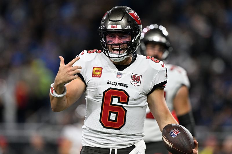 Oct 20, 2025; Detroit, Michigan, USA; Tampa Bay Buccaneers quarterback Baker Mayfield (6) reacts against the Detroit Lions during the first half at Ford Field. Mandatory Credit: Lon Horwedel-Imagn Images