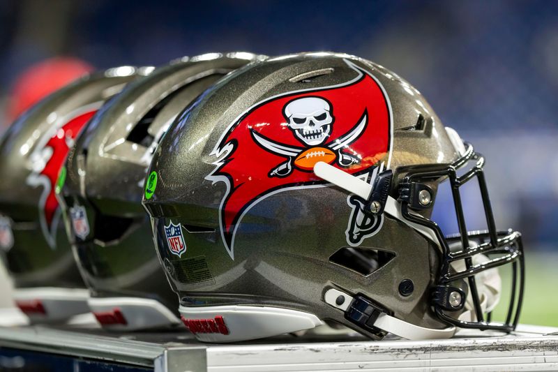 Oct 20, 2025; Detroit, Michigan, USA; The Tampa Bay Buccaneers helmet sits on an equipment locker before the game at Ford Field. Mandatory Credit: David Reginek-Imagn Images