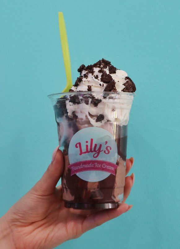 Featuring two scoops of Cookies & Cream Supreme and Soflo Swamp, chocolate chips, Oreo cookies, hot fudge and whipped cream, the Gator Tracks sundae will be available at the new Lily's Handmade Ice Cream in Boynton Beach.