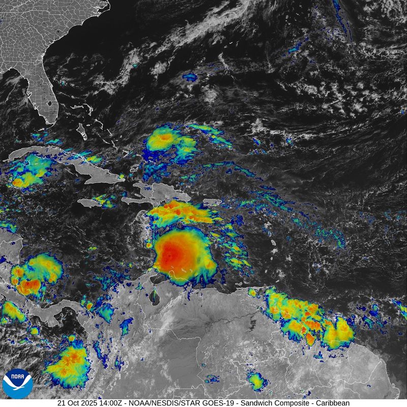 Satellite image of Tropical Storm Melissa 11 a.m. Oct. 21, 2025.