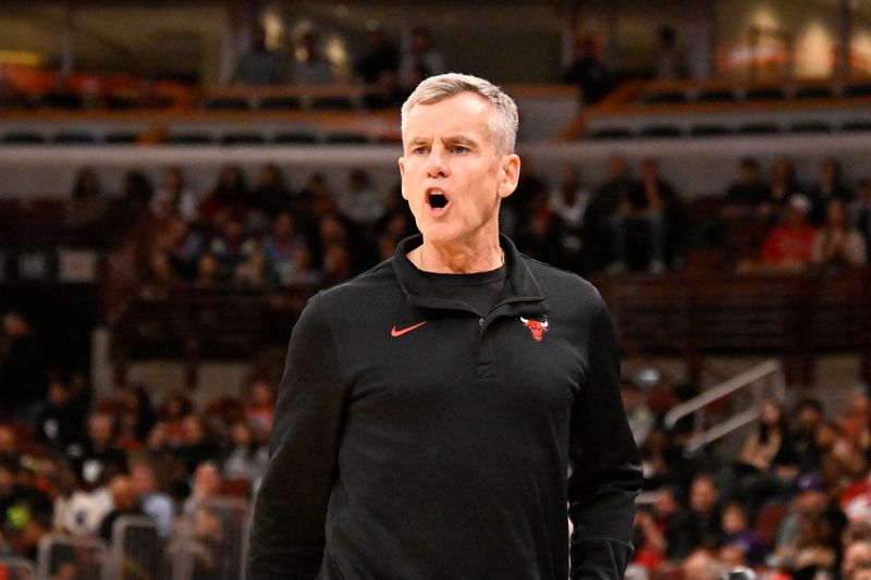 Oct 12, 2025; Chicago, Illinois, USA; Chicago Bulls head coach Billy Donovan argues a call during the first half against the Milwaukee Bucks at the United Center. Mandatory Credit: Matt Marton-Imagn Images