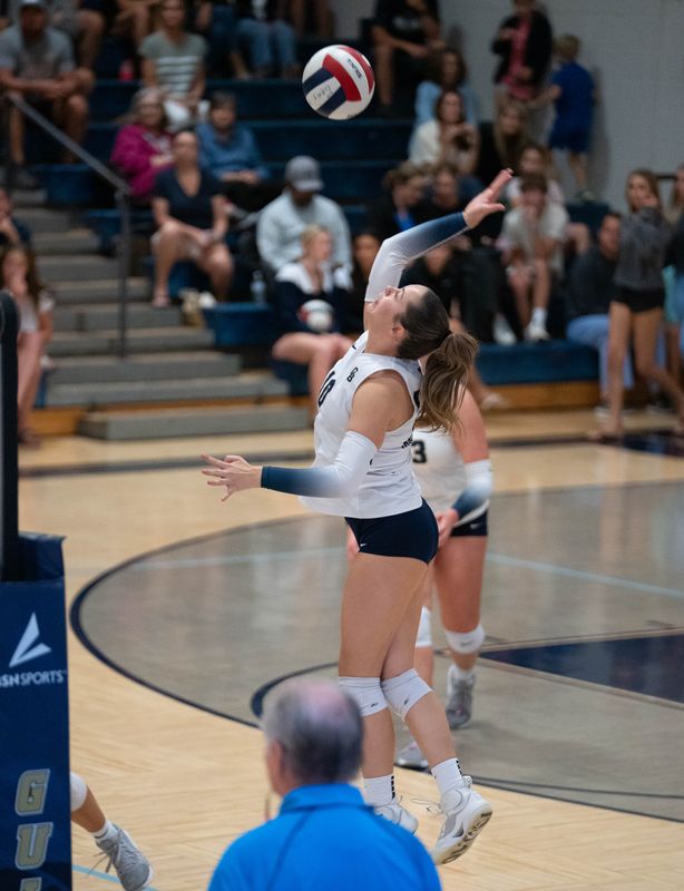 Dolphins Rylie Hartig (10) plays the ball during the Lake Minneola vs Gulf Breeze 6A Regional Quarterfinals volleyball match at Gulf Breeze High School on Oct. 22, 2025.
