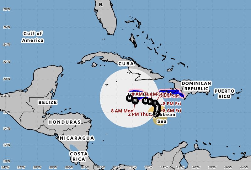 Projected path and strength for Tropical Storm Melissa as of 2 p.m. Oct. 23, 2025.