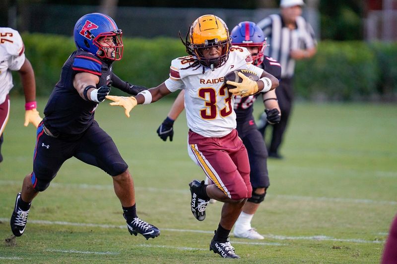 Glades Central running back James Ingram (33) rushes for a first down in the first quarter against King’s Academy on Oct. 24, 2025, in West Palm Beach, FL.