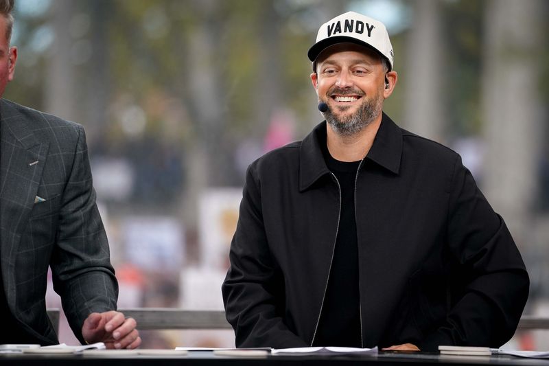 Comedian Nate Bargatze makes his picks during ESPN "College GameDay" at Wyatt Lawn on the campus of Vanderbilt University in Nashville, Tenn., on Oct. 25, 2025 before Vanderbilt hosts Missouri.