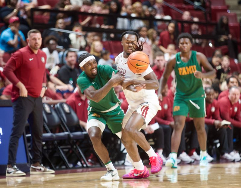 FSU basketball player Robert McCray gets a steal in an exhibition game against FSU on Sunday, Oct. 26, 2025 at the Donald L. Tucker Center.