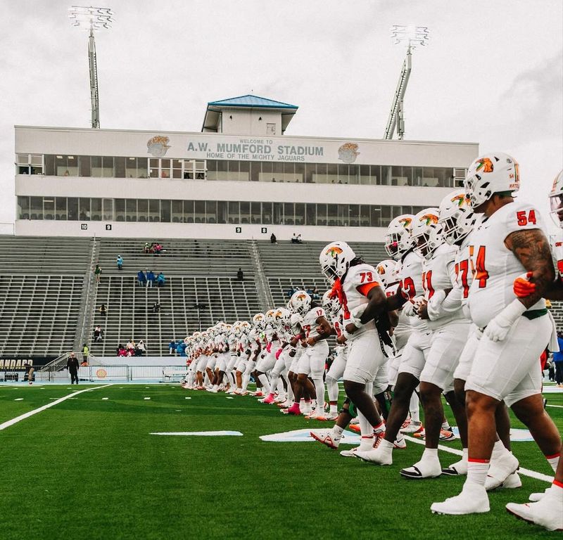Florida A&M Rattlers players walk interlocked before facing the Southern Jaguars in a Week 9 NCAA Southwestern Athletic Conference at A.W. Mumford Stadium in Baton Rouge, Louisiana, Saturday, Oct. 25, 2024.
