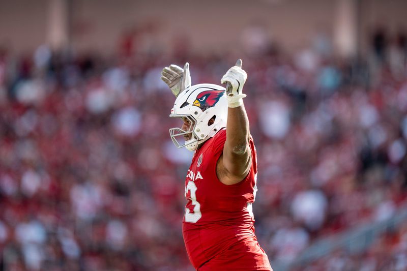 September 21, 2025; Santa Clara, California, USA; Arizona Cardinals defensive end Calais Campbell (93) celebrates a safety during the fourth quarter against the San Francisco 49ers at Levi's Stadium. Mandatory Credit: Kyle Terada-Imagn Images