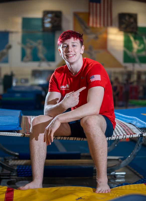 Gulf Breeze gymnast West Fowler poses on the double mini trampoline at a Pensacola State College gym on Oct. 23, 2025. Fowler will be representing Team USA in the World Trampoline Gymnastics Championships in Pamplona, Spain in November.