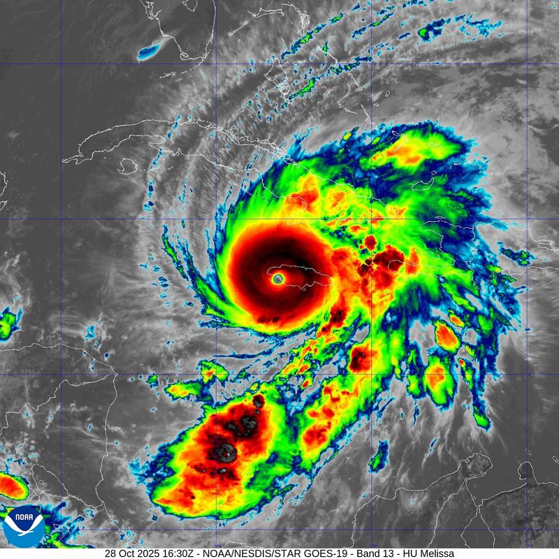 A satellite image of Hurricane Melissa as it begins to make landfall over Jamaica on Oct. 28, 2025 before 1 p.m.