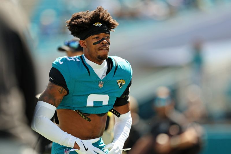 Oct 12, 2025; Jacksonville, Florida, USA; Jacksonville Jaguars corner back Greg Newsome II (6) warms up before the game Seattle Seahawks at EverBank Stadium. Mandatory Credit: Morgan Tencza-Imagn Images