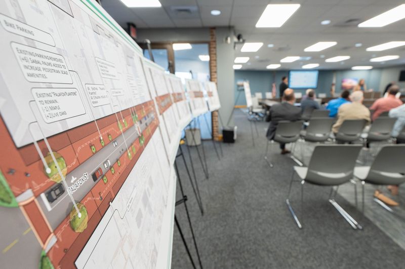Reimagine Palafox Street plans are displayed during a meeting about the project with business owners at Pensacola City Hall on Oct. 30, 2025.