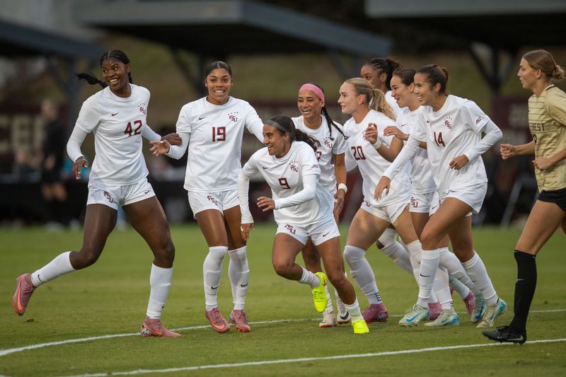 The Florida State Seminoles celebrate during their 4-1 win over the Wake Forest Demon Deacons on Thursday, Oct. 30, 2025.