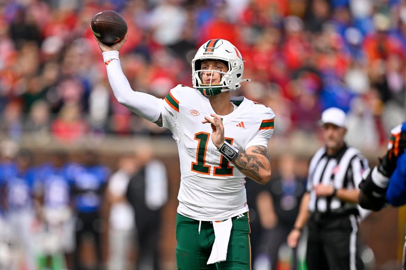 Nov 1, 2025; Dallas, Texas, USA; Miami Hurricanes quarterback Carson Beck (11) throws the ball against the SMU Mustangs during the second quarter at Gerald J. Ford Stadium. Mandatory Credit: Jerome Miron-Imagn Images