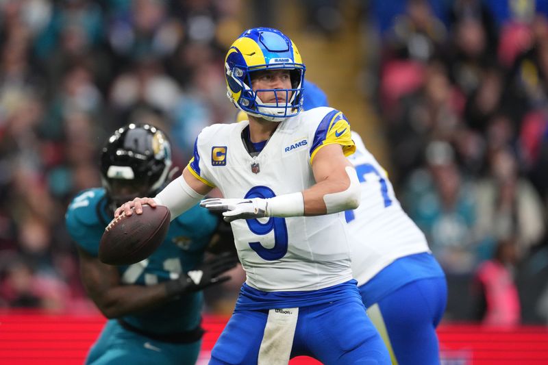 LA Rams quarterback Matthew Stafford (9) throws the ball against the Jacksonville Jaguars in the first half during a NFL International Series game at Wembley Stadium in London, United Kingdom.