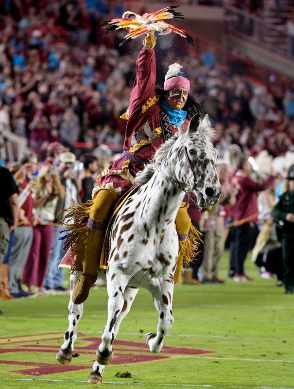 Nov 1, 2025; Tallahassee, Florida, USA; Florida State Seminoles symbols Osceola and Regegade before the game against the Wake Forest Demon Deacons at Doak S. Campbell Stadium. Mandatory Credit: Melina Myers-Imagn Images