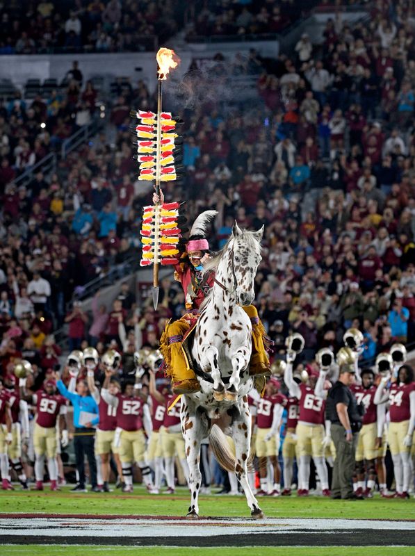 Nov 1, 2025; Tallahassee, Florida, USA; Florida State Seminoles symbols Osceola and Regegade before the game against the Wake Forest Demon Deacons at Doak S. Campbell Stadium. Mandatory Credit: Melina Myers-Imagn Images