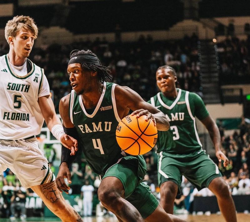 Florida A&M Rattlers forward Anquan Boldin Jr. handles the basketball as South Florida Bulls' Joseph Pinion defends during an NCAA college basketball game at the Yuengling Center in Tampa, Florida, Saturday, Nov. 4, 2025.