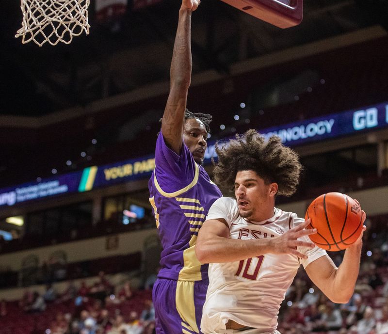 Florida State Seminoles guard Lajae Jones (10) passes to a teammate. The Florida State Seminoles defeated the Alcorn State Braves 108-76 on Tuesday, Nov. 4, 2025.