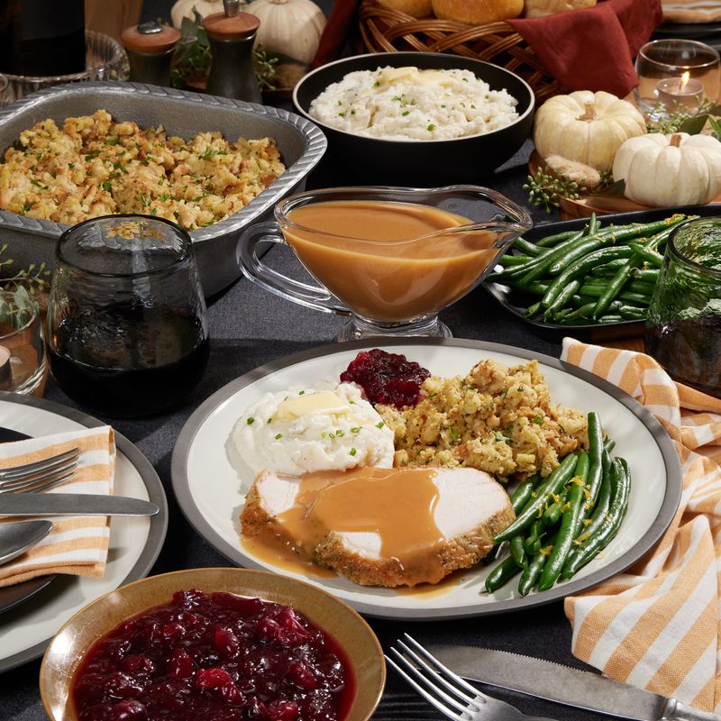 A Thanksgiving dinner spread.