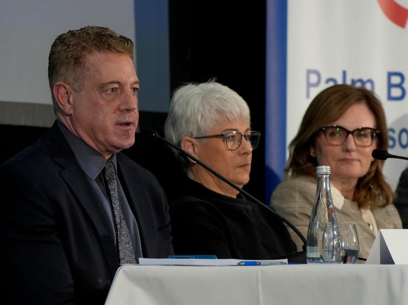 Palm Beach Town Manager Kirk Blouin answers questions during the Palm Beach Civic Association Welcome Back Community Forum Nov. 6, 2025, at the Mandel Recreation Center in Palm Beach, as Town Engineer Patricia Strayer and Town Attorney Joanne O’Connor listen.