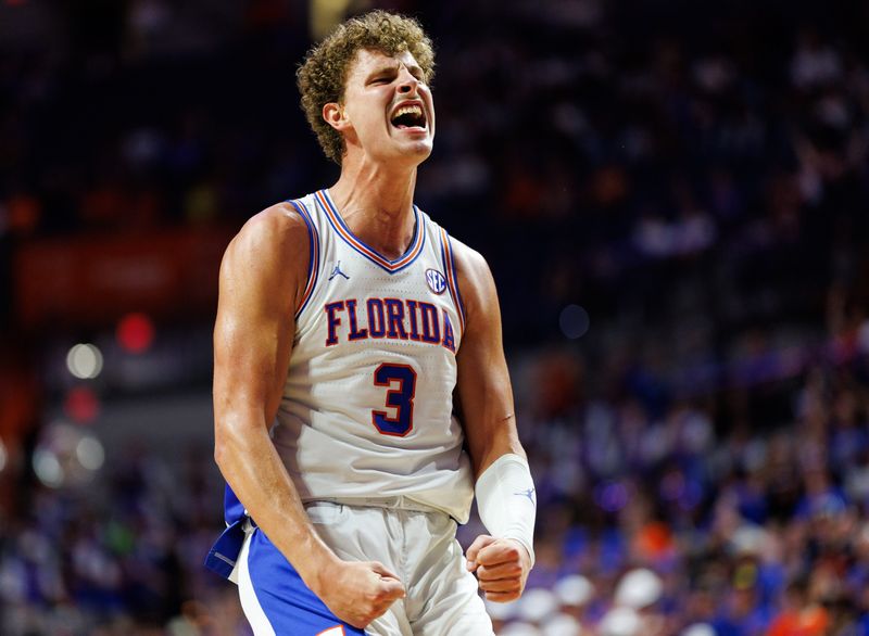 Nov 6, 2025; Gainesville, Florida, USA; Florida Gators center Micah Handlogten (3) reacts after a basket against the North Florida Ospreys during the second half at Exactech Arena at the Stephen C. O'Connell Center. Mandatory Credit: Matt Pendleton-Imagn Images