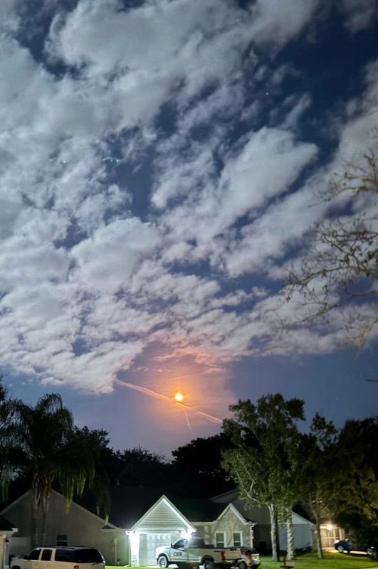 A SpaceX Falcon 9 rocket sent Starlink satellites into space Nov. 5, 2025, from Cape Canaveral. Shown is the view from Port Orange, Florida, 68 miles away.