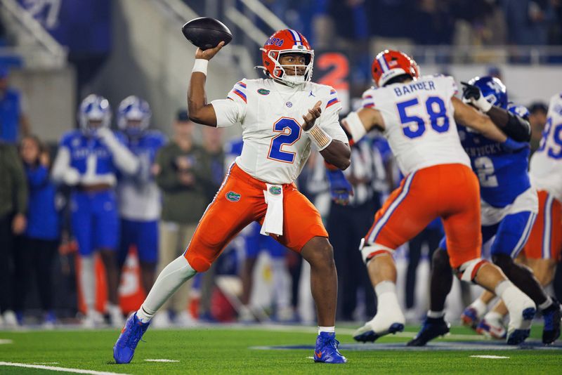 Nov 8, 2025; Lexington, Kentucky, USA; Florida Gators quarterback DJ Lagway (2) throws a pass during the first quarter against the Kentucky Wildcats at Kroger Field. Mandatory Credit: Jordan Prather-Imagn Images