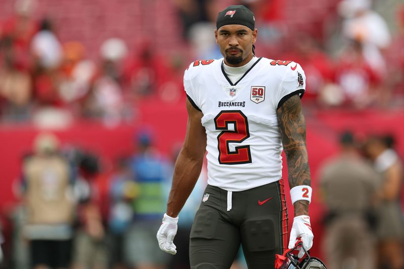 Nov 9, 2025; Tampa, Florida, USA; Tampa Bay Buccaneers wide receiver Emeka Egbuka (2) warms up before a game against the New England Patriots at Raymond James Stadium. Mandatory Credit: Nathan Ray Seebeck-Imagn Images