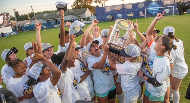 The Vanderbilt women's soccer team celebrates after beating LSU 8-7 in penalty kicks during the SEC Soccer Champoinship at Ashton Brosnahm Park in Pensacola Florida Sunday, Nov. 9, 2025.
