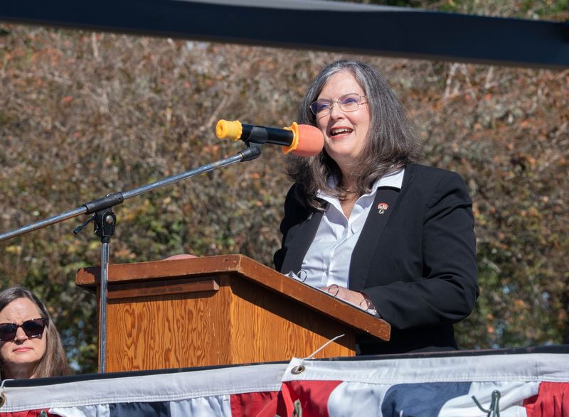 Milton Mayor Heather Lindsay speaks during the Veterans Day ceremony in Milton on Nov. 11, 2025.
