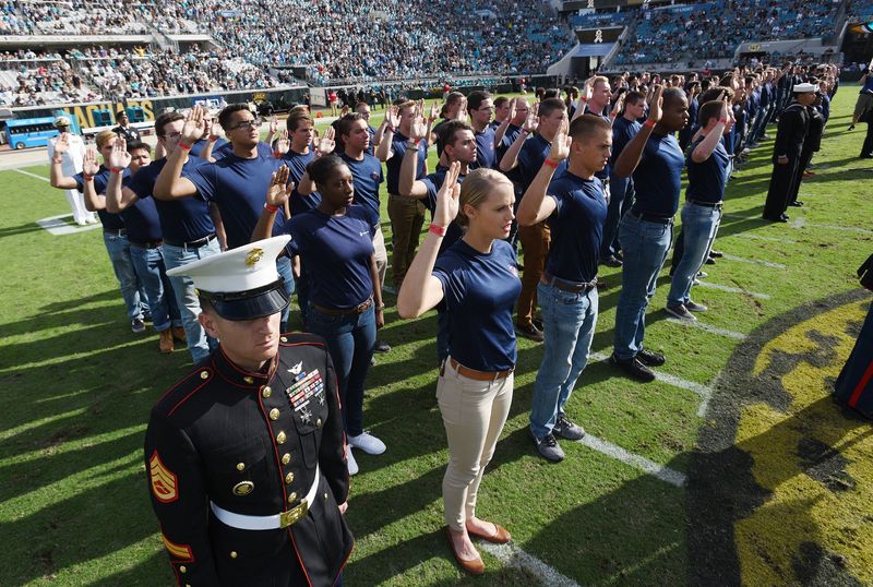 As part of the Jacksonville Jaguars "Salute to Service" game on Nov. 16, more than 200 recruits will be sworn into branches of the military. Pictured is the ceremony in 2017, which also came at a home game vs. the Chargers, won 20-17 by the Jaguars in overtime.