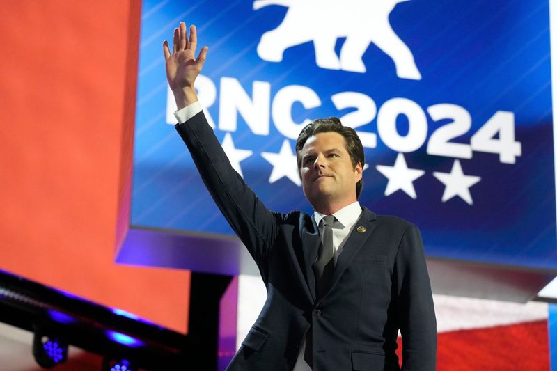 Matt Gaetz, then a Republican member of the U.S. House representing Florida, speaks during the third day of the 2024 Republican National Convention at Fiserv Forum in Milwaukee, Wisconsin in July 2024.