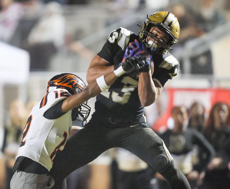 Buchholz wide receiver Justin Williams (13) hails in a touchdown pass under pressure from Oviedo cornerback Jaiden McNeil (12) during the 2025 FHSAA Football 6A quarter final at Citizens Field in Gainesville, FL on Thursday, November 13, 2025. [Alan Youngblood/Gainesville Sun]