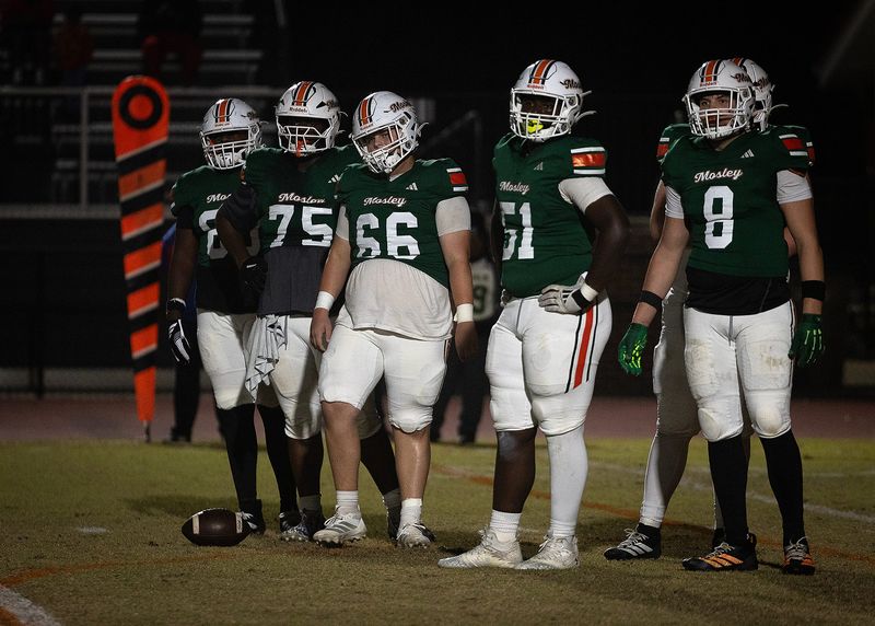 Mosley's offensive line is seen during the Lincoln game at Tommy Oliver Stadium in Panama City, Fla., Nov. 13, 2025. Mosley would go on to win the Class 5A Region 1 quarterfinal game 33-30. (Tyler Orsburn/News Herald)