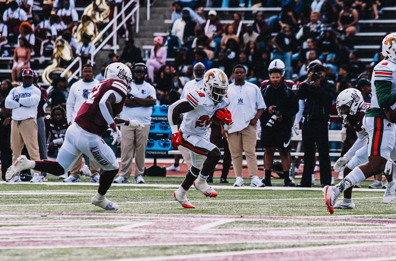 Florida A&M Rattlers running back Jamal Hailey looks for a lane to run versus the Alabama A&M Bulldogs in a Week 12 NCAA Southwestern Athletic Conference game at Louis Crews Stadium in Huntsville, Alabama, Saturday, Nov. 15, 2025.