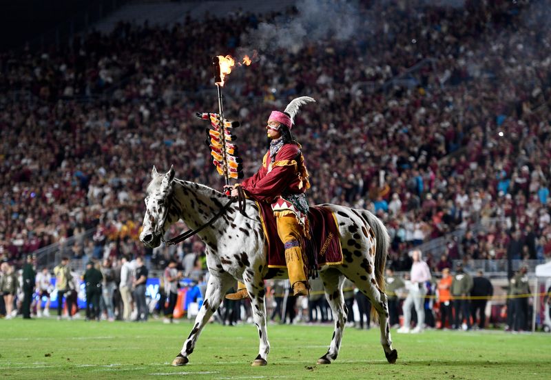 Nov 15, 2025; Tallahassee, Florida, USA; Florida State Seminoles symbols Osceola and Renegade before the game against the Virginia Tech Hokies at Doak S. Campbell Stadium. Mandatory Credit: Melina Myers-Imagn Images