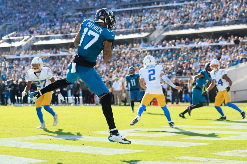 Jacksonville Jaguars wide receiver Tim Patrick hauls in a reception for a touchdown.