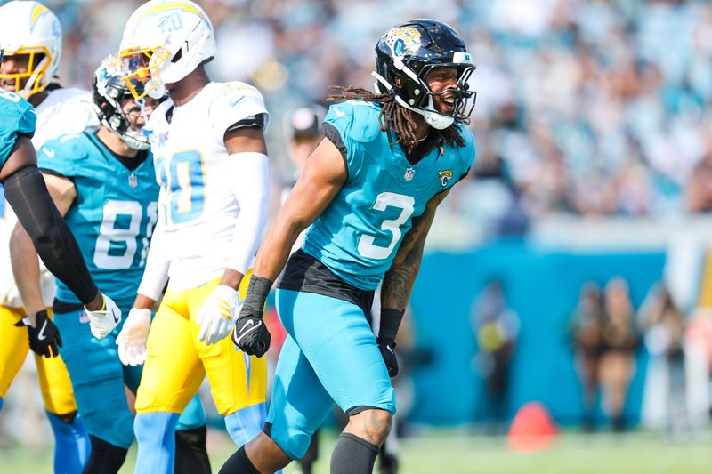 Nov 16, 2025; Jacksonville, Florida, USA; Jacksonville Jaguars wide receiver Jakobi Meyers (3) reacts following a reception for a first down during the first quarter at EverBank Stadium. Mandatory Credit: Morgan Tencza-Imagn Images