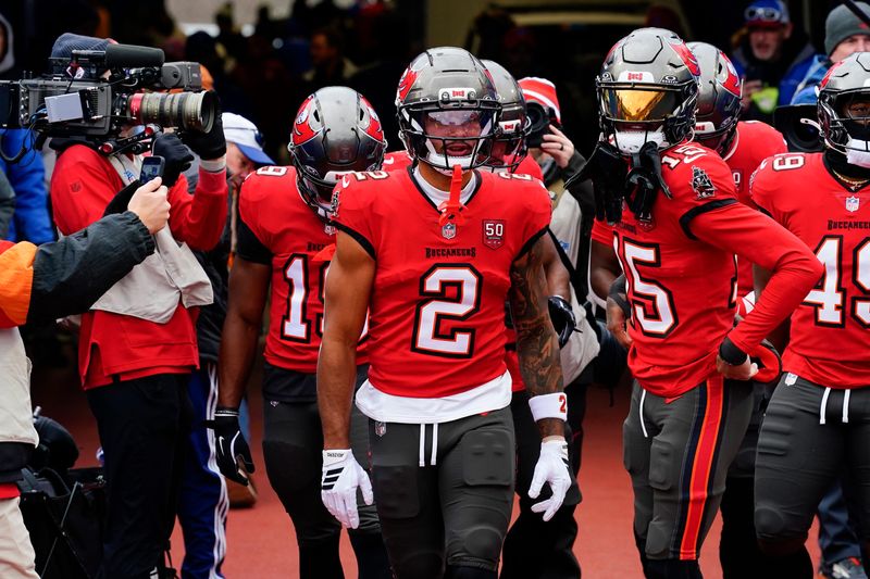 Nov 16, 2025; Orchard Park, New York, USA; Tampa Bay Buccaneers wide receiver Emeka Egbuka (2) warms up prior to the game against the Buffalo Bills at Highmark Stadium. Mandatory Credit: Gregory Fisher-Imagn Images