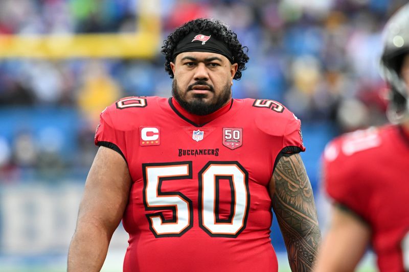 Nov 16, 2025; Orchard Park, New York, USA; Tampa Bay Buccaneers defensive tackle Vita Vea (50) warms up prior to the game against the Buffalo Bills at Highmark Stadium. Mandatory Credit: Mark Konezny-Imagn Images