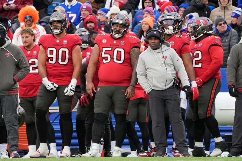 Nov 16, 2025; Orchard Park, New York, USA; Tampa Bay Buccaneers defensive tackle Vita Vea (50) on the sidelines during the second half of the game against the Buffalo Bills at Highmark Stadium. Mandatory Credit: Gregory Fisher-Imagn Images