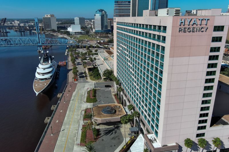 Jacksonville Jaguars owner Shad Khan's mega yacht, Kismet, was docked on the St. Johns River near the Hyatt Regency Jacksonville Riverfront and the Main Street Bridge on Monday, Nov. 17, 2025, in Jacksonville, Fla. [Doug Engle/Florida Times-Union]