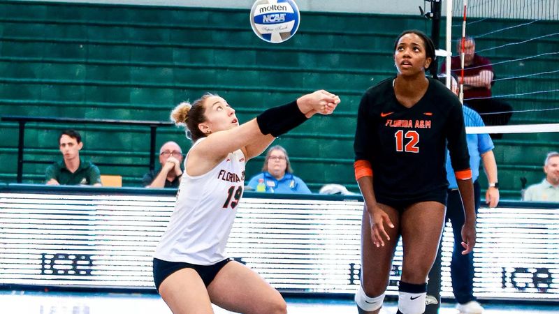 Florida A&M Rattlers libero/defensive specialist Ruxandra Flueras (left) and Kristen Moore during an NCAA volleyball match during the 2025 season.