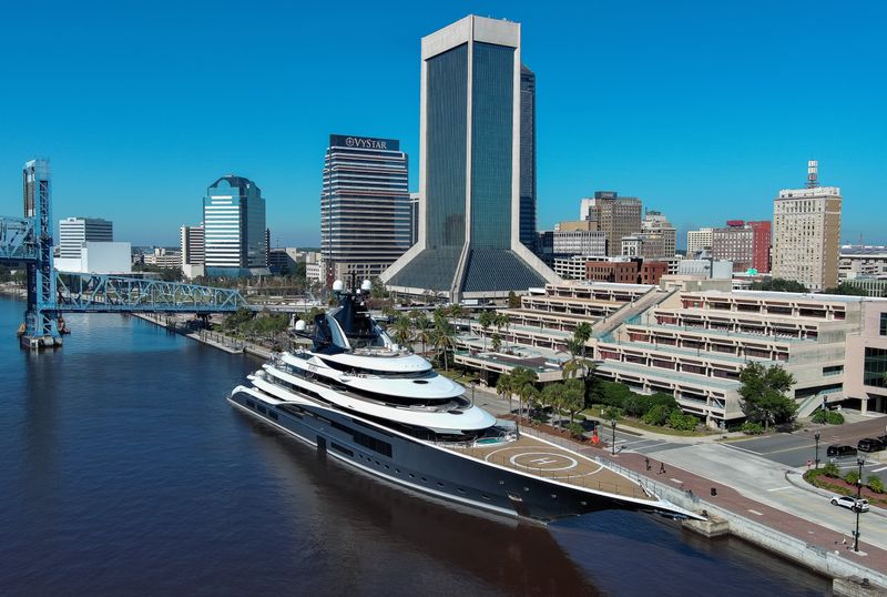 Jacksonville Jaguars owner Shad Khan's mega yacht, Kismet, was docked on the St. Johns River near the Hyatt Regency Jacksonville Riverfront and the Main Street Bridge on Monday, Nov. 17, 2025, in Jacksonville, Fla. [Doug Engle/Florida Times-Union]